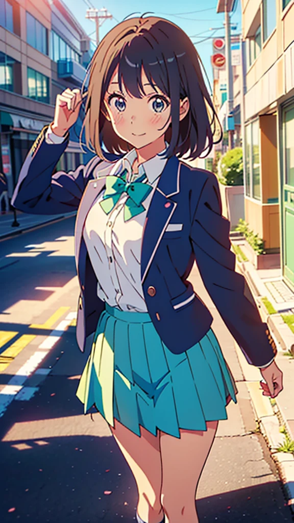 anime 14 years-old small girl in a blue suit and tie with a simple smile, typical nerd, anime moe artstyle, mihoyo art style, chiho, from cryptid academia, Love Lab, stylized anime, young anime girl, anime style character, anime stylized, yuruyuri, a girl with fair skin long brown hair and green eyes, she wears a star-shaped pendant, the same color as her eyes, green sailor with blue bow tie, ((small-breasts:0.55)), anime, (masterpiece, best quality:1,2), ((kawaii)), ((cute)), ((moe)), cinematic lighting, drawn Art, clip studio paint, anime wallpaper, deep color, cel-shaded, ((walking in the city))