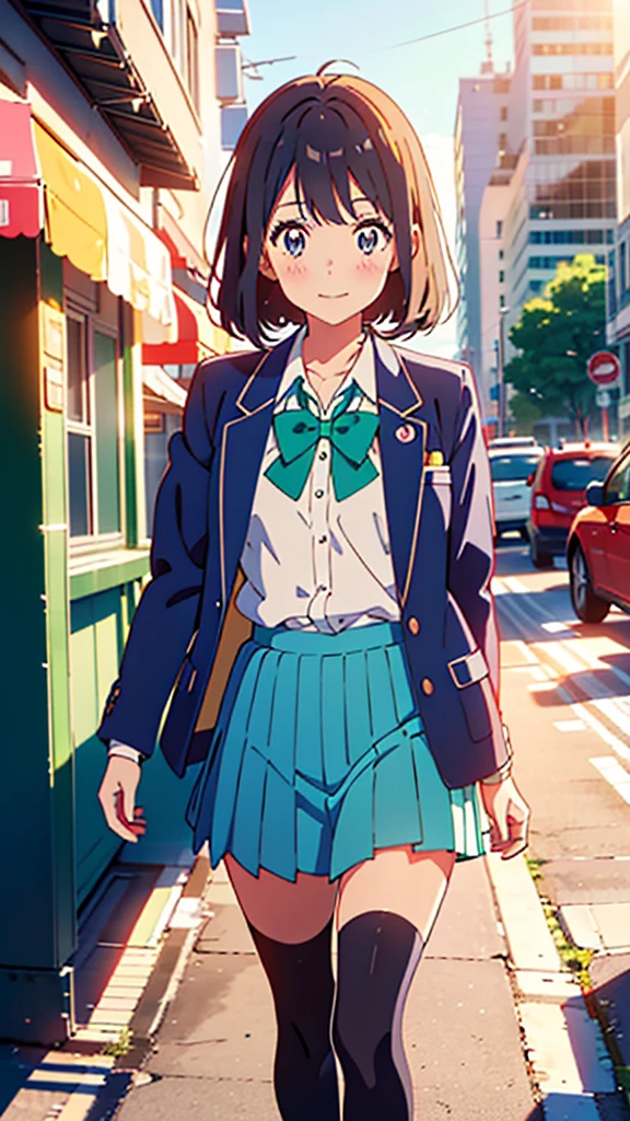 anime 14 years-old small girl in a blue suit and tie with a simple smile, typical nerd, anime moe artstyle, mihoyo art style, chiho, from cryptid academia, Love Lab, stylized anime, young anime girl, anime style character, anime stylized, yuruyuri, a girl with fair skin long brown hair and green eyes, she wears a star-shaped pendant, the same color as her eyes, green sailor with blue bow tie, ((small-breasts:0.55)), anime, (masterpiece, best quality:1,2), ((kawaii)), ((cute)), ((moe)), cinematic lighting, drawn Art, clip studio paint, anime wallpaper, deep color, cel-shaded, ((walking in the city))