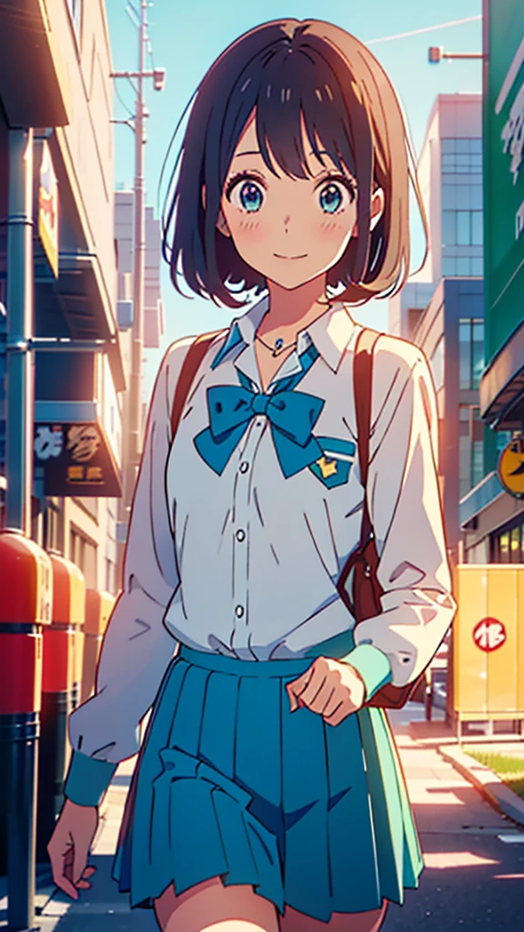 anime 14 years-old small girl in a blue suit and tie with a simple smile, typical nerd, anime moe artstyle, mihoyo art style, chiho, from cryptid academia, Love Lab, stylized anime, young anime girl, anime style character, anime stylized, yuruyuri, a girl with fair skin long brown hair and green eyes, she wears a star-shaped pendant, the same color as her eyes, green sailor with blue bow tie, ((small-breasts:0.55)), anime, (masterpiece, best quality:1,2), ((kawaii)), ((cute)), ((moe)), cinematic lighting, drawn Art, clip studio paint, anime wallpaper, deep color, cel-shaded, ((walking in the city))
