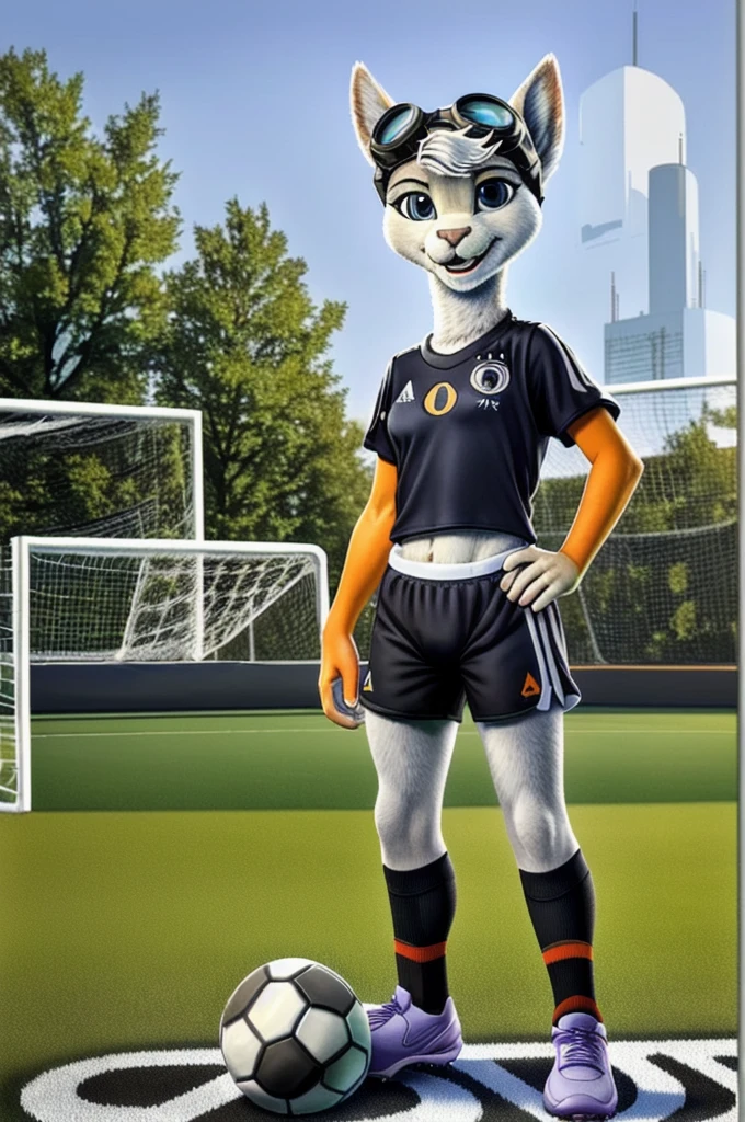 Rivet, tail, furry girl, 1girl, solo, young, ((Germany soccer shorts)), ((Germany soccer shirt)), ((Germany soccer shoes)), standing inside city park, detailed body fur, detailed body, detailed eyes, detailed face, athletic, skinny, high quality, masterpiece, small breasts, goggles, :D, looking at you, full body, (cameltoe)