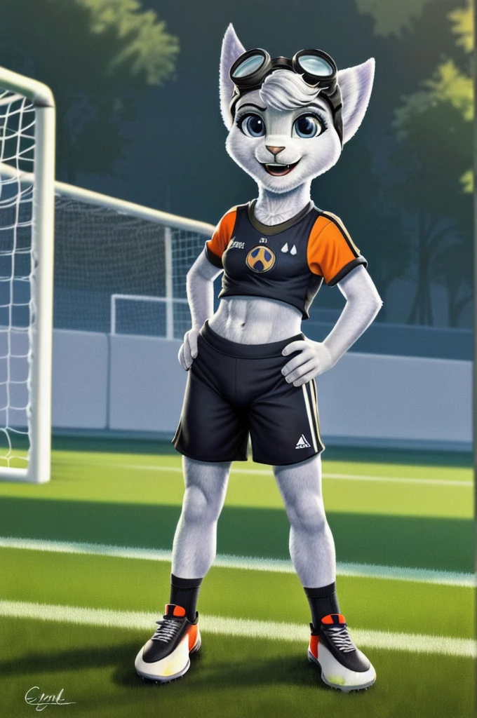 Rivet, tail, furry girl, 1girl, solo, young, ((Germany soccer shorts)), ((Germany soccer shirt)), ((Germany soccer shoes)), standing inside city park, detailed body fur, detailed body, detailed eyes, detailed face, athletic, skinny, high quality, masterpiece, small breasts, goggles, :D, looking at you, full body, (cameltoe)