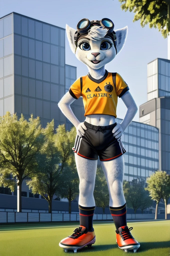 Rivet, tail, furry girl, 1girl, solo, young, ((Germany soccer shorts)), ((Germany soccer shirt)), ((Germany soccer shoes)), standing inside city park, detailed body fur, detailed body, detailed eyes, detailed face, athletic, skinny, high quality, masterpiece, small breasts, goggles, :D, looking at you, full body, (cameltoe)