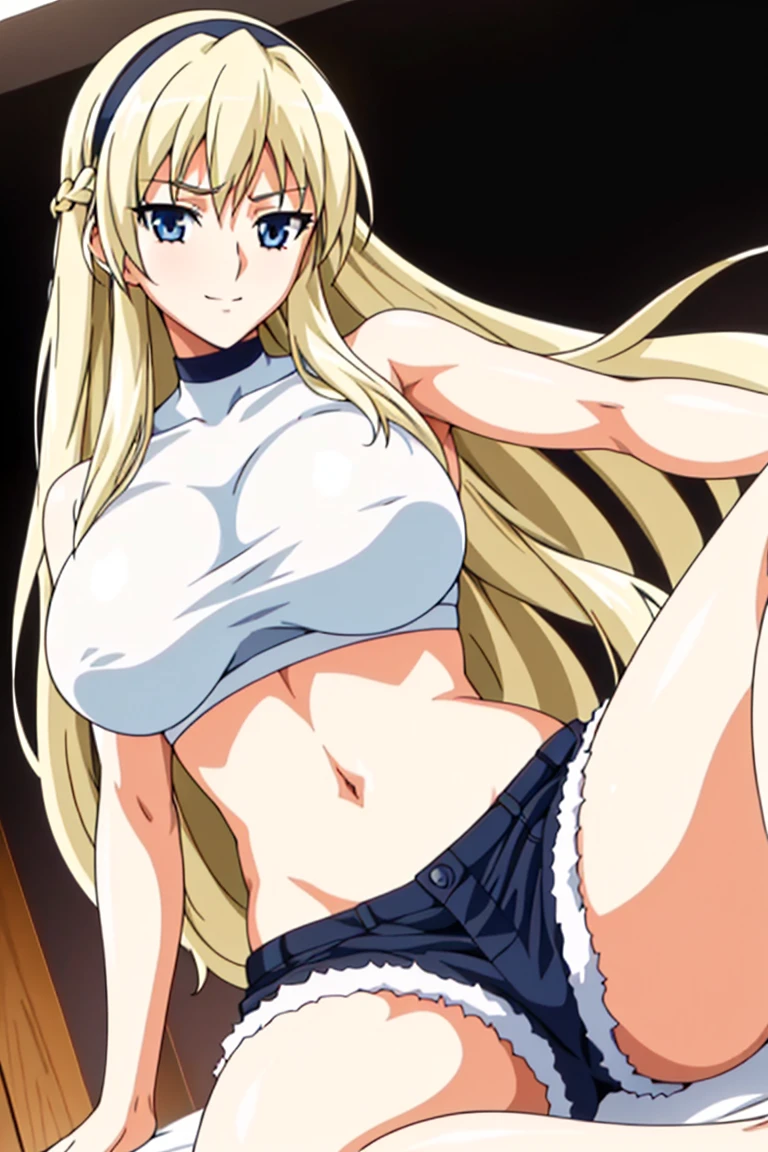Simple White Background, at attention,
navel,halterneck,crop top,bare shoulders,
bangs,blonde hair,hair between eyes, hairband, long hair,Blue_Eyes,
1 girl, 20yo,Young female,Beautiful Finger,Beautiful long legs,Beautiful body,Beautiful Nose,Beautiful character design, perfect eyes, perfect face,expressive eyes,perfect balance,
looking at viewer,(Focus on her face),closed mouth, (innocent_big_eyes:1.0),Light_Smile,
official art,extremely detailed CG unity 8k wallpaper, perfect lighting,Colorful, Bright_Front_face_Lighting,shiny skin,
(masterpiece:1.0),(best_quality:1.0), ultra high res,4K,ultra-detailed,
photography, 8K, HDR, highres, absurdres:1.2, Kodak portra 400, film grain, blurry background, bokeh:1.2, lens flare, (vibrant_color:1.2),professional photograph,
(Beautiful,large_Breasts:1.4), (beautiful_face:1.5),(narrow_waist), shorts, horny