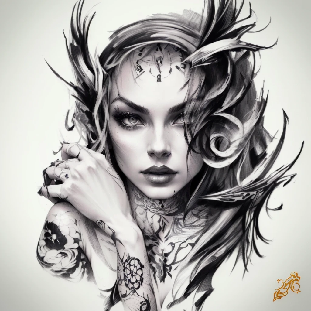 drawing of a woman with a clock and a skull on her arm, sketch art, ink artwork, stunning artwork, artistic drawing, extremely detailed woman, fantasy drawing, realism tattoo drawing, inked drawing, high quality sketch art, realism tattoo sketch, tattoo sketch, tattoo design, epic pencil illustration, detailed sketch, art sketch, beautiful artwork, sketch tattoo, stunning drawing