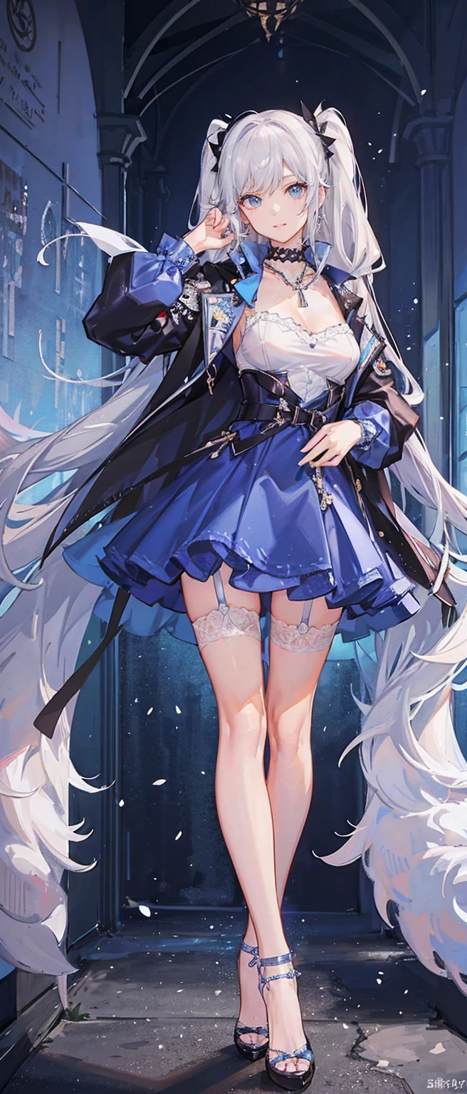 High resolution, high resolution,2D Anime Style,,Cool woman,Mature look,tall,20th Generation,White hair long hair,Curly hair twin tails,Light blue eyes,Gal,Beautiful watch,Beautiful earrings,Beautiful necklace,Wearing a jacket,garter belt,Punk Fashion,He is smiling a little,whole body,Walking around the city,