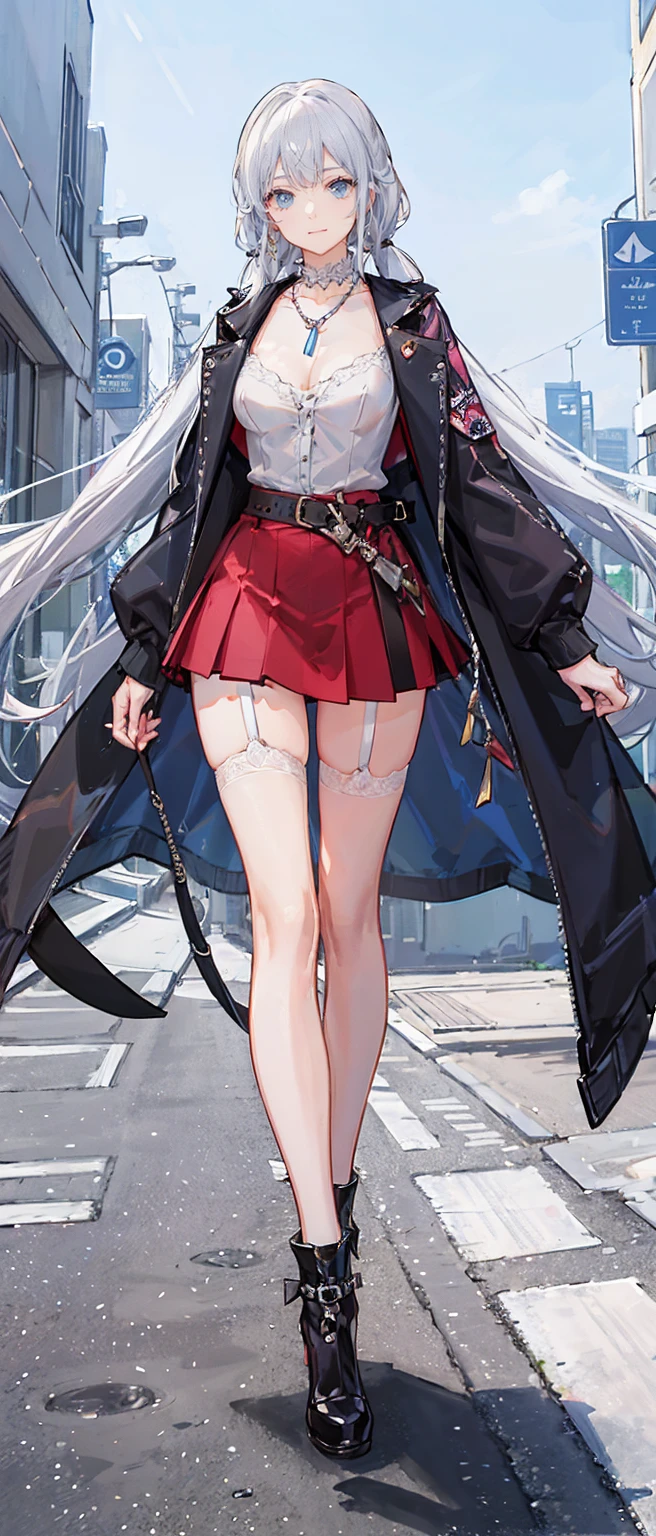 High resolution, high resolution,2D Anime Style,,Cool woman,Mature look,tall,20th Generation,White hair long hair,Curly hair twin tails,Light blue eyes,Gal,Beautiful watch,Beautiful earrings,Beautiful necklace,Wearing a jacket,garter belt,Punk Fashion,He is smiling a little,whole body,Walking around the city,