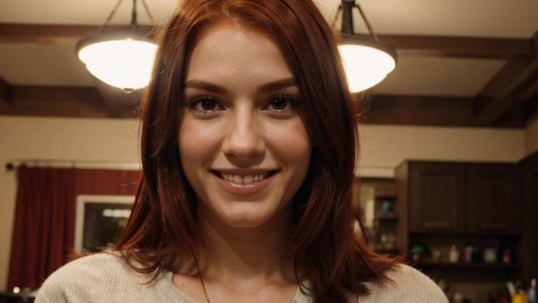 high quality, epic realistic, red hair , tall girl, casual, smile