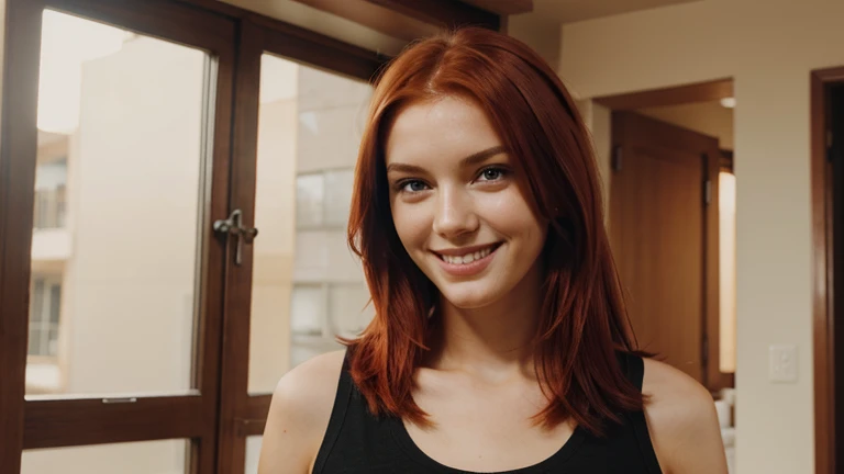 high quality, epic realistic, red hair , tall girl, casual, smile