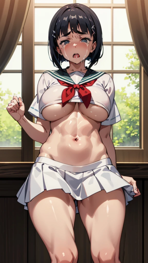 8K,master piece,anime,Perfect Anatomy,Suguha Kirigaya,1female,crossed eyes,(rolling eyes),open mouth,(tongue out),(crying),short sleeved white sailor suit,underboob,((partially removed micro skirt)),short hair,(huge perky breasts),(Very small waist and slim body)