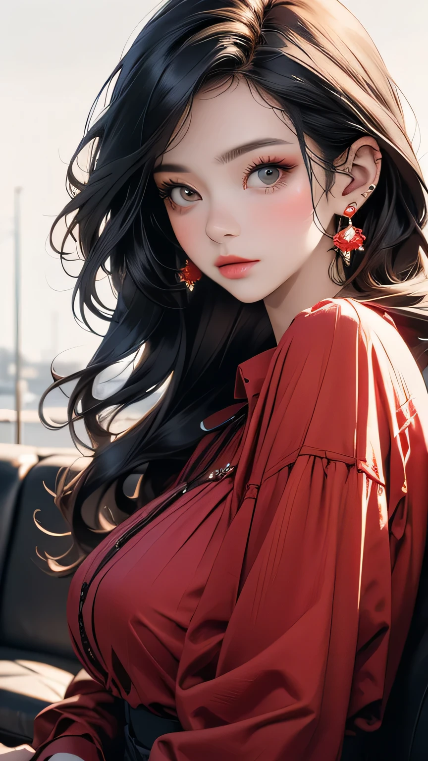 bloom, Lens Reflection, (8K, born, Professional, Highest quality, masterpiece: 1.2), (Realistic, photoRealistic: 1.37), Super detailed, (Wide-angle 25mm portrait), (Most detailed skin: 1.2), Highly detailed face, Cinema Lighting, One girl, Black curly hair, (the wind is strong), Standing on the couch, Dark Light, Looking into the camera, Large Breasts, black and red blouse