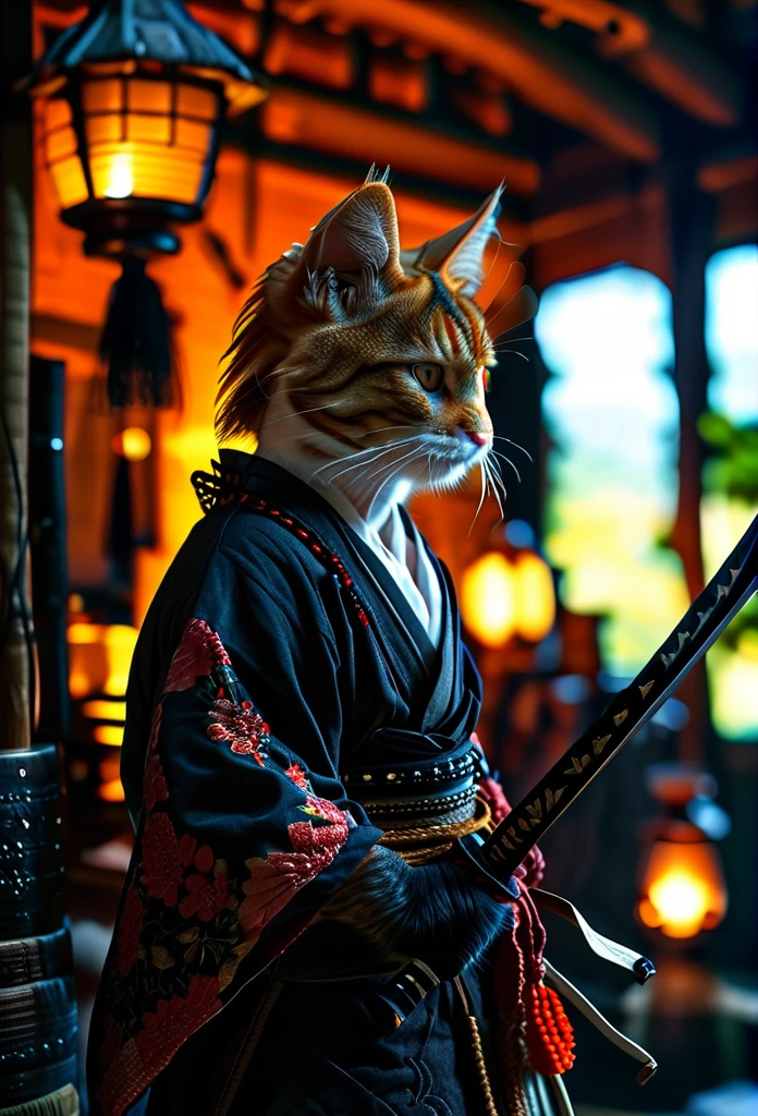 A Rogue samurai [Himura Kenshin:Takeru Satoh:0.1], detailed face, detailed hair, with a content face, sharpens his katana sword, beside him is big ginger mainecoon cat with beautiful fur, watch him with full caution, they both in a traditional Edo Era peasant house, insanely intricate detailed scene background, night lighting with lampions and torch, realistic style, best quality, masterpiece, ultrasharp focus, ultrahigh resolution, 8k, Midjourney 6 Aesthetic