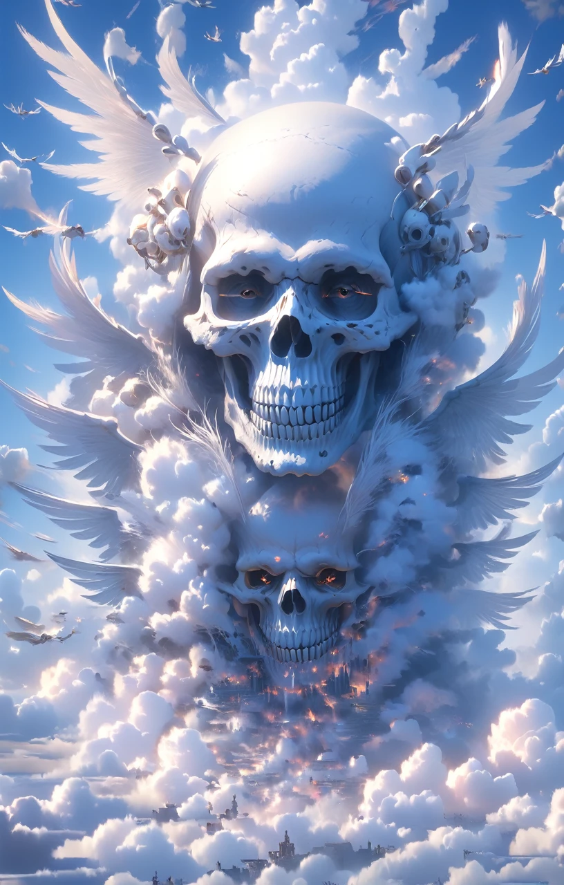 Hyperrealism, realistic, detail, not anime, not animation 3d, white skull with many wings and big wings, fly in the sky, background blue sky and white clouds,