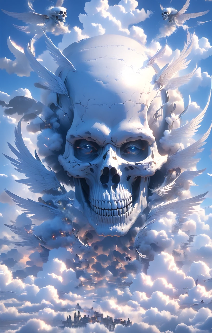 Hyperrealism, realistic, detail, not anime, not animation 3d, white skull with many wings and big wings, fly in the sky, background blue sky and white clouds,