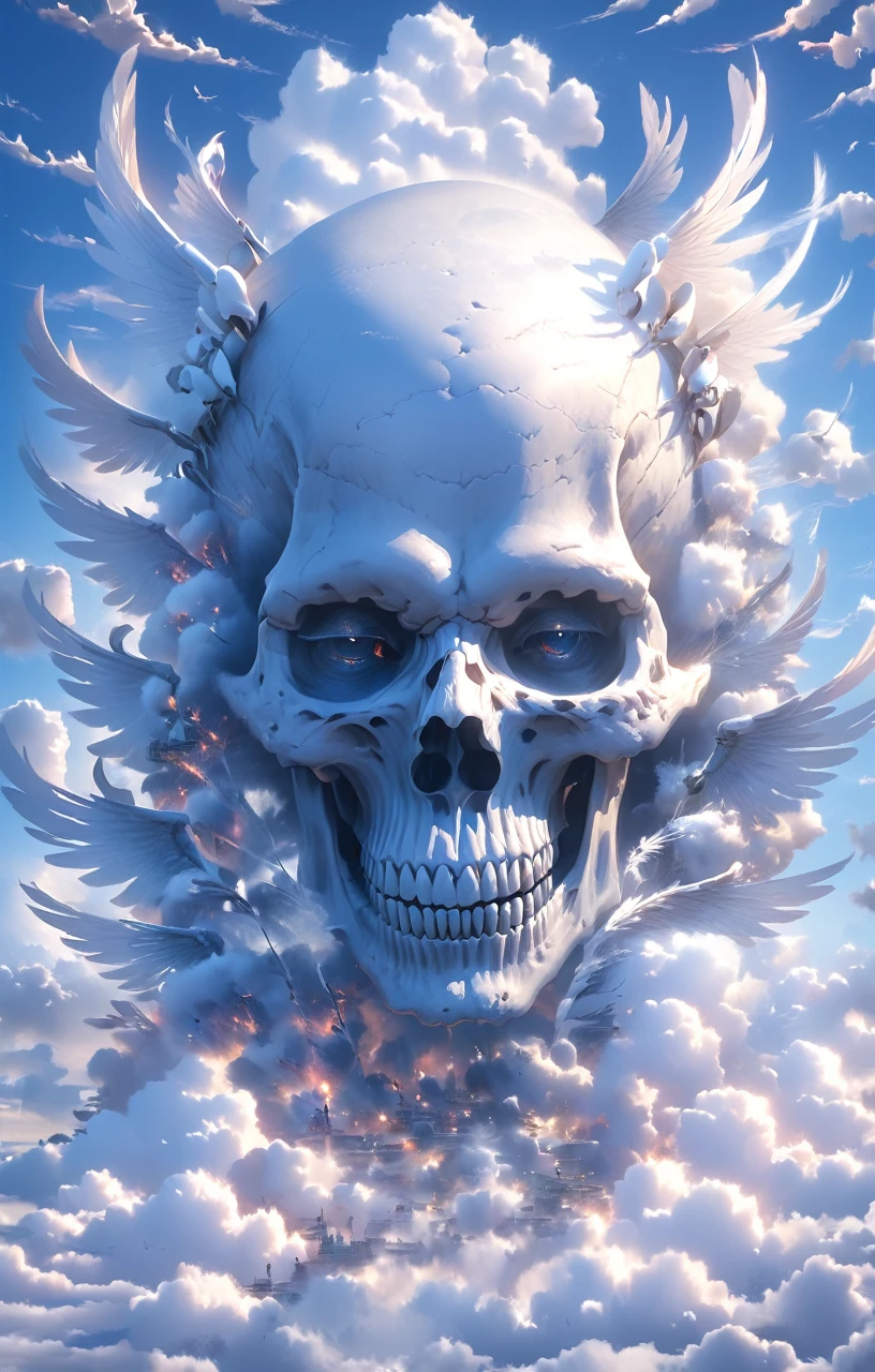Hyperrealism, realistic, detail, not anime, not animation 3d, white skull with many wings and big wings, fly in the sky, background blue sky and white clouds,