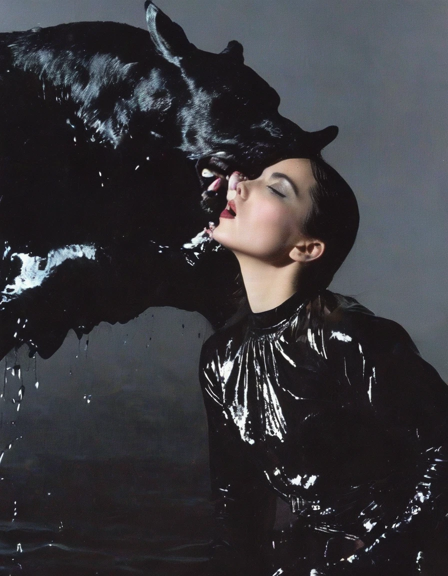 vintage 90s fashion shoot, young female fashion model in black water