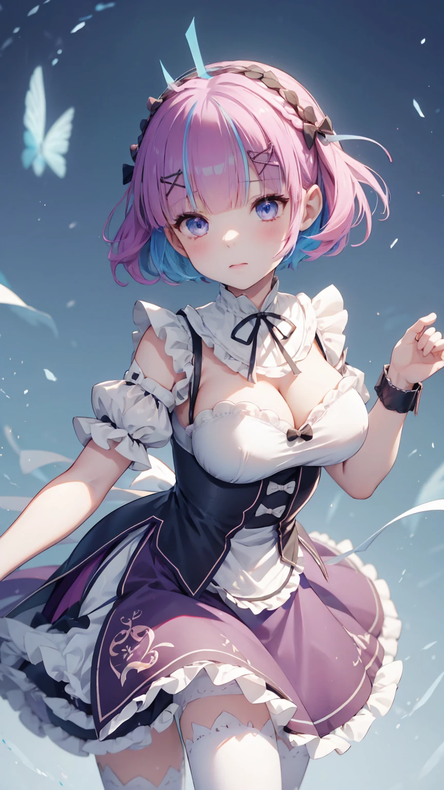 aaaqua, twintails, drill hair, maid headdress, cleavage, short sleeves, wrist cuffs,aarem, short hair, maid headdress, x hair ornament, hair ribbon, hair over one eye, large breasts, frills, neck ribbon, cleavage, dress, detached sleeves, white apron, waist apron, white pantyhose