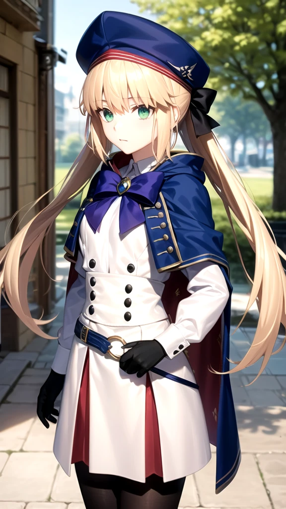 masterpiece, best quality, highres, bbcaster, long hair, twintails, beret, blue headwear, green eyes, blue cape, bowtie, white dress, long sleeves, black gloves, buttons, double-breasted, blue belt, black pantyhose, standing, cowboy shot, outdoors