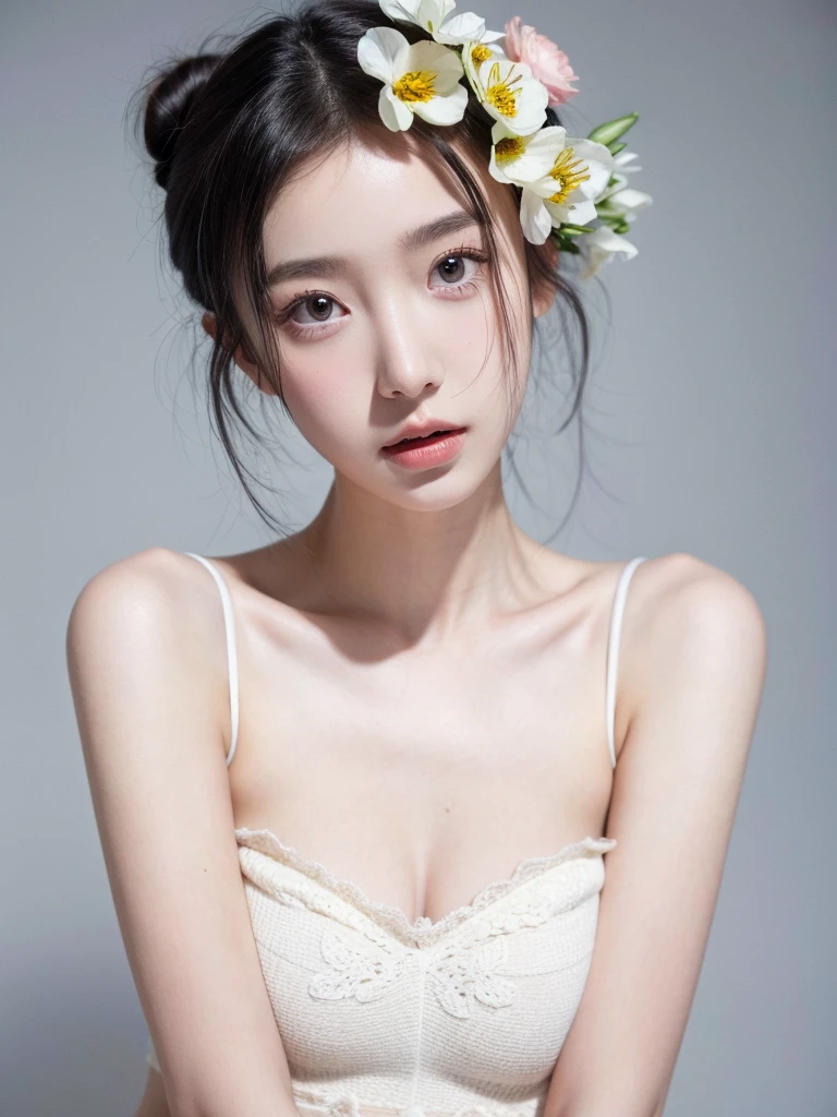 masterpiece,Best picture quality,Extreme details,Ultra-high resolution,Ultra-high definition,Beautiful young people,Glowing skin,thin,Black Hair,Half bun,1,big eyes,beautiful eyes,Lipstick,Exquisite facial features,Medium shot,Looking at the viewer, Tube Top Suspenders,Single tone background,White background,Soft light,Wear flowers on your head