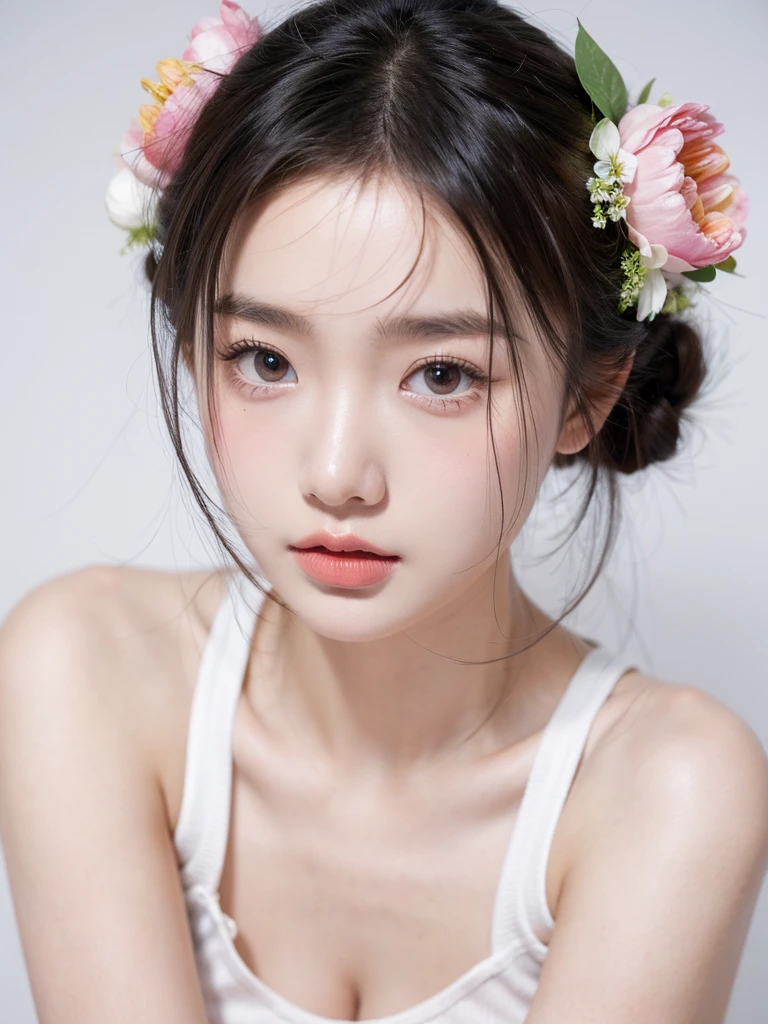 masterpiece,Best picture quality,Extreme details,Ultra-high resolution,Ultra-high definition,Beautiful young people,Glowing skin,thin,Black Hair,Half bun,1,big eyes,beautiful eyes,Lipstick,Exquisite facial features,Medium shot,Looking at the viewer, Tube Top Suspenders,Single tone background,White background,Soft light,Wear flowers on your head
