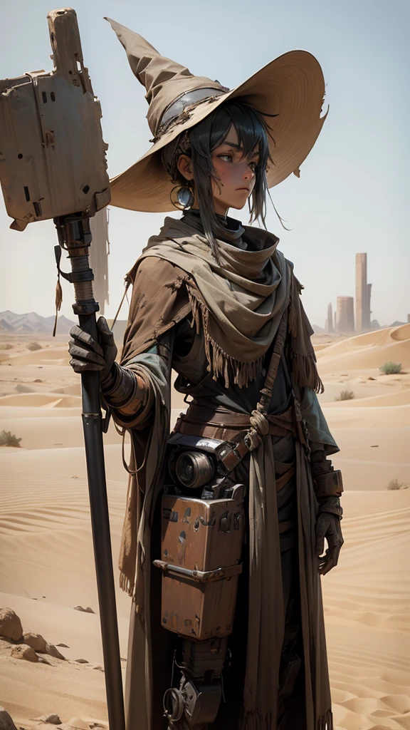 A nomadic robot, in the desert, wearing a scrappy shawl, holding a staff, wearing a large metal hat, scrappy body, rusted, dusty, thin frame, tall