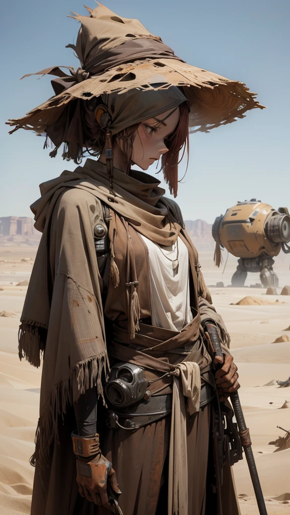 A nomadic robot, in the desert, wearing a scrappy shawl, holding a staff, wearing a large metal hat, scrappy body, rusted, dusty, thin frame, tall