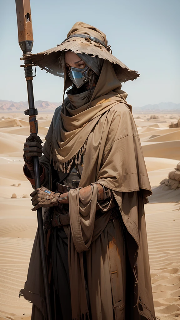 A nomadic robot, in the desert, wearing a scrappy shawl, holding a staff, wearing a large metal hat, scrappy body, rusted, dusty, thin frame, tall