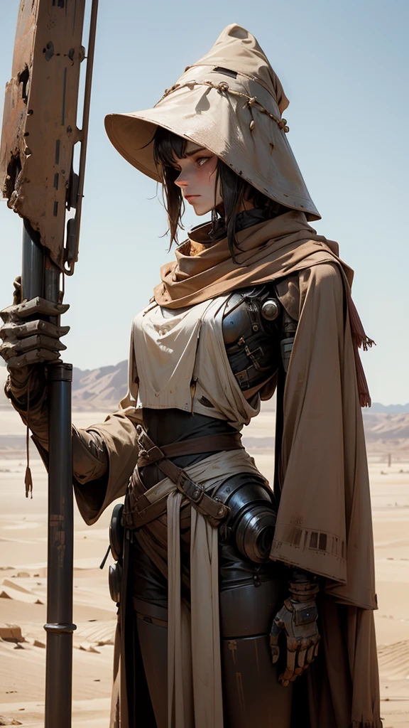 A nomadic robot, in the desert, wearing a scrappy shawl, holding a staff, wearing a large metal hat, scrappy body, rusted, dusty, thin frame, tall