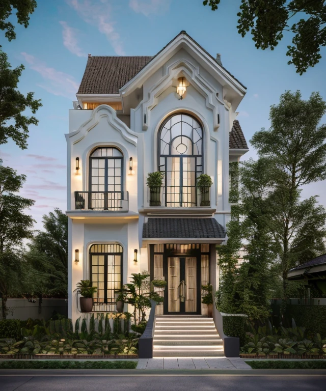 (Townhouse in city ,close houses and trees), (indochine style architecture) daylight ( best quality) ((high solution)) ,(( photo realistic)) ,warm light,  soft lighting, warm atmosphere,high Resolution, hyper detailed,4k ,vray render, octane render, hyper realistic, photography expert ,exterior design , professional photography, exterior photography,wide-angle shot , ultra detail , high Resolution , full frame, full body