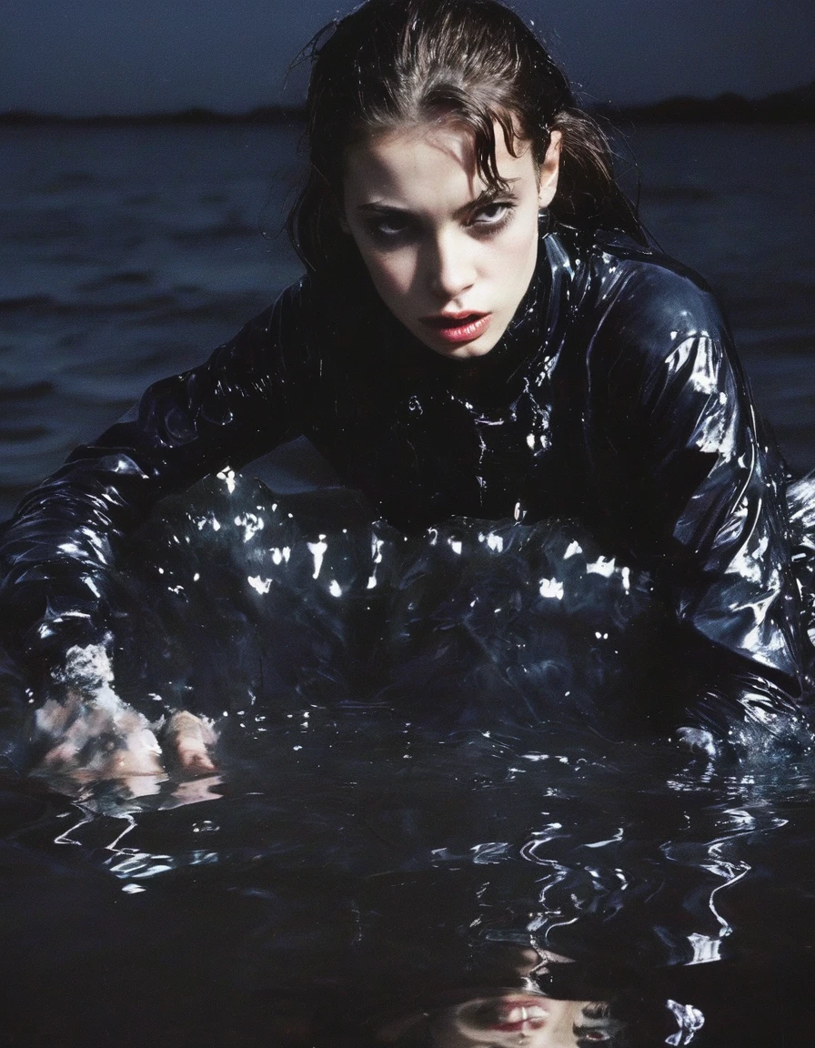 vintage 90s glitch fashion shoot, young female fashion model in boiling black water