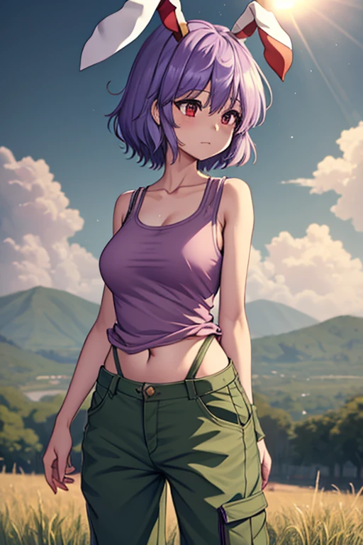 1girl (distant), Touhou, Reisen Inaba, short hair, light purple hair clolor, red eyes color, female tank top (dirty), tactical pants (military green), rural city background, standing, (wide shot, wider shot), full body, distant shot, sun light