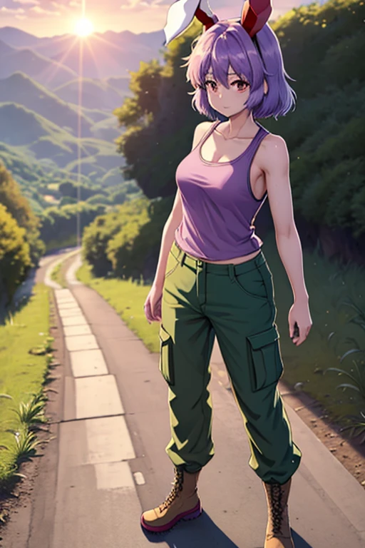 1girl (distant), Touhou, Reisen Inaba, short hair, light purple hair clolor, red eyes color, female tank top (dirty), tactical pants (military green), rural city background, standing, (wide shot, wider shot), full body, distant shot, sun light