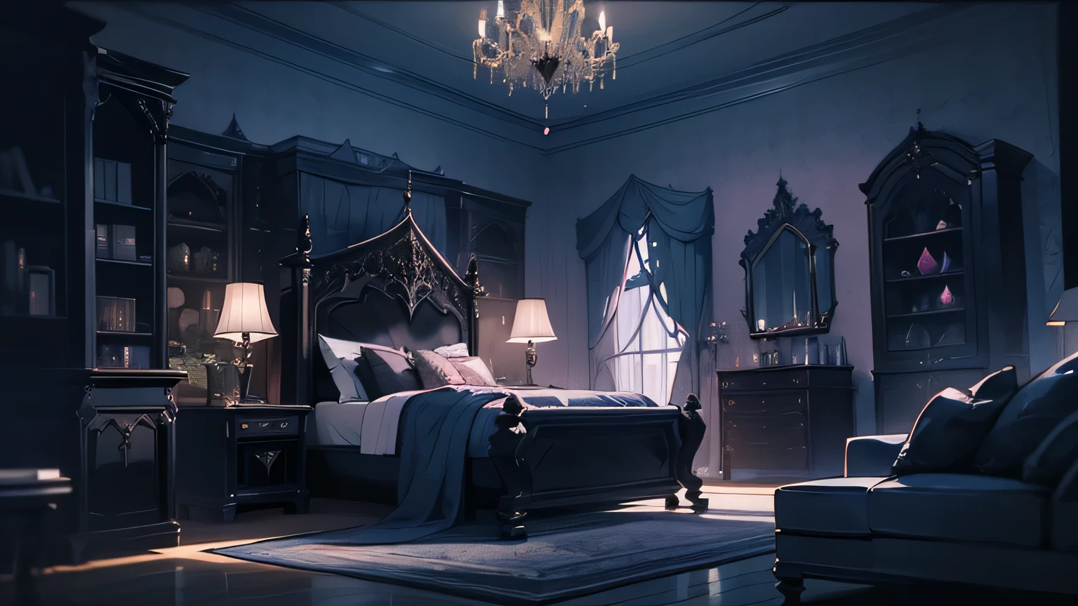 A highly detailed, There is a loft at the back、gothic-style illustration of a spacious indoor room at night, with a wide composition showcasing a gothic-style bed, a chandelier, gothic-style furniture, bookshelves, and a plush rug, all bathed in a moody, dark atmosphere with a beautiful night sky visible through the lace curtains, featuring a crescent moon and twinkling stars, masterpiece, (best quality,8k,ultra-detailed,hyper-realistic,extremely detailed),(intricate,gothic,dark fantasy:1.2),dramatic lighting,moody atmosphere,cinematic,elegant,luxurious interior,minimal human presence,(pink and black color palette:1.1),ethereal,mystical,atmospheric,studio lighting,physically-based rendering、large room、Soft moonlight、(cute room)