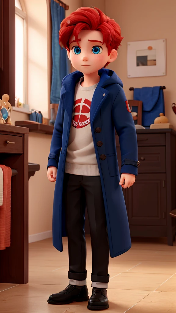 A boy with red hair and blue eyes in a Roza coat and black pants 