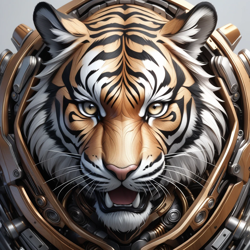 Ultra-realism, ((Masterpiece)), ((Best Quality)), (Very Detailed), ((Very Detailed)), 4K, (8K), very aesthetic, absurdres highres, Create highly textured mechanical tiger artwork. This tiger has a metallic sheen and realistic texture and is constructed with detailed mechanical elements. The colors are metallic gray and silver, with hints of rust, giving it an aged but advanced technological look. The background is simple and focuses on the intricacy and craftsmanship of the tiger design.