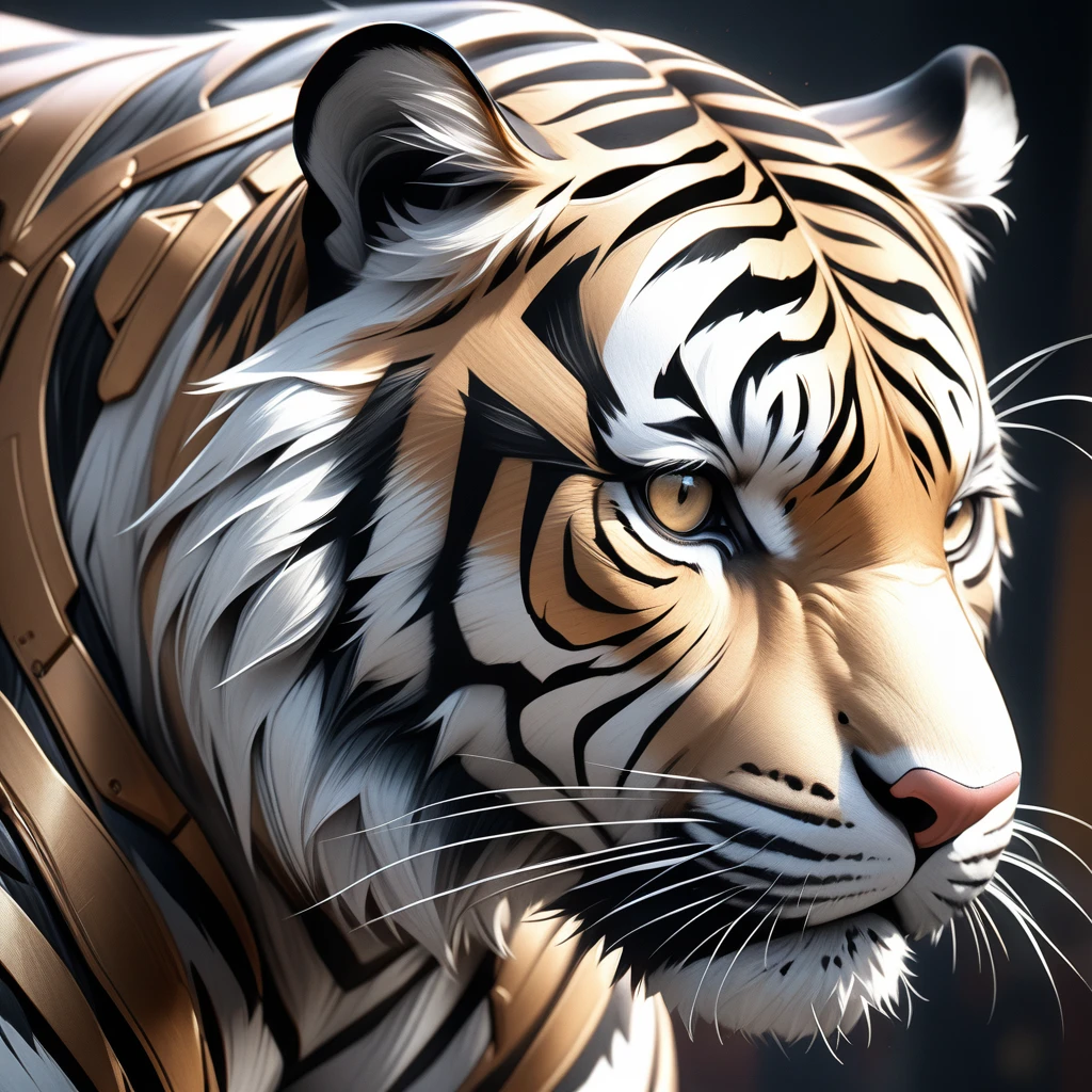 Ultra-realism, ((Masterpiece)), ((Best Quality)), (Very Detailed), ((Very Detailed)), 4K, (8K), very aesthetic, absurdres highres, Create highly textured mechanical tiger artwork. This tiger has a metallic sheen and realistic texture and is constructed with detailed mechanical elements. The colors are metallic gray and silver, with hints of rust, giving it an aged but advanced technological look. The background is simple and focuses on the intricacy and craftsmanship of the tiger design.