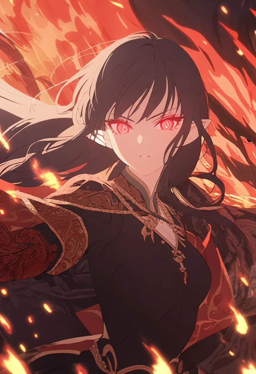 1woman, seriously, elven, black hair, bang, straight hairstyle, glowing red eyes, fire, black Knight, elegant, traditional thai costume,