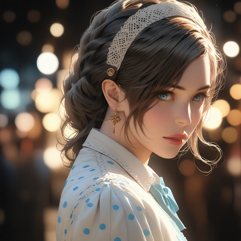 (best quality,4k,8k,highres,masterpiece:1.2),ultra-detailed,(realistic,photorealistic,photo-realistic:1.37),HDR,UHD,studio lighting,ultra-fine painting,sharp focus,physically-based rendering,extreme detail description,professional,vivid colors,bokeh, a woman from the 1950s wearing a vintage polka-dot dress, white cardigan, saddle shoes, headband, retro handbag, beautiful detailed eyes,beautiful detailed lips,extremely detailed eyes and face,longeyelashes, 1950s fashion photography style, vintage setting,