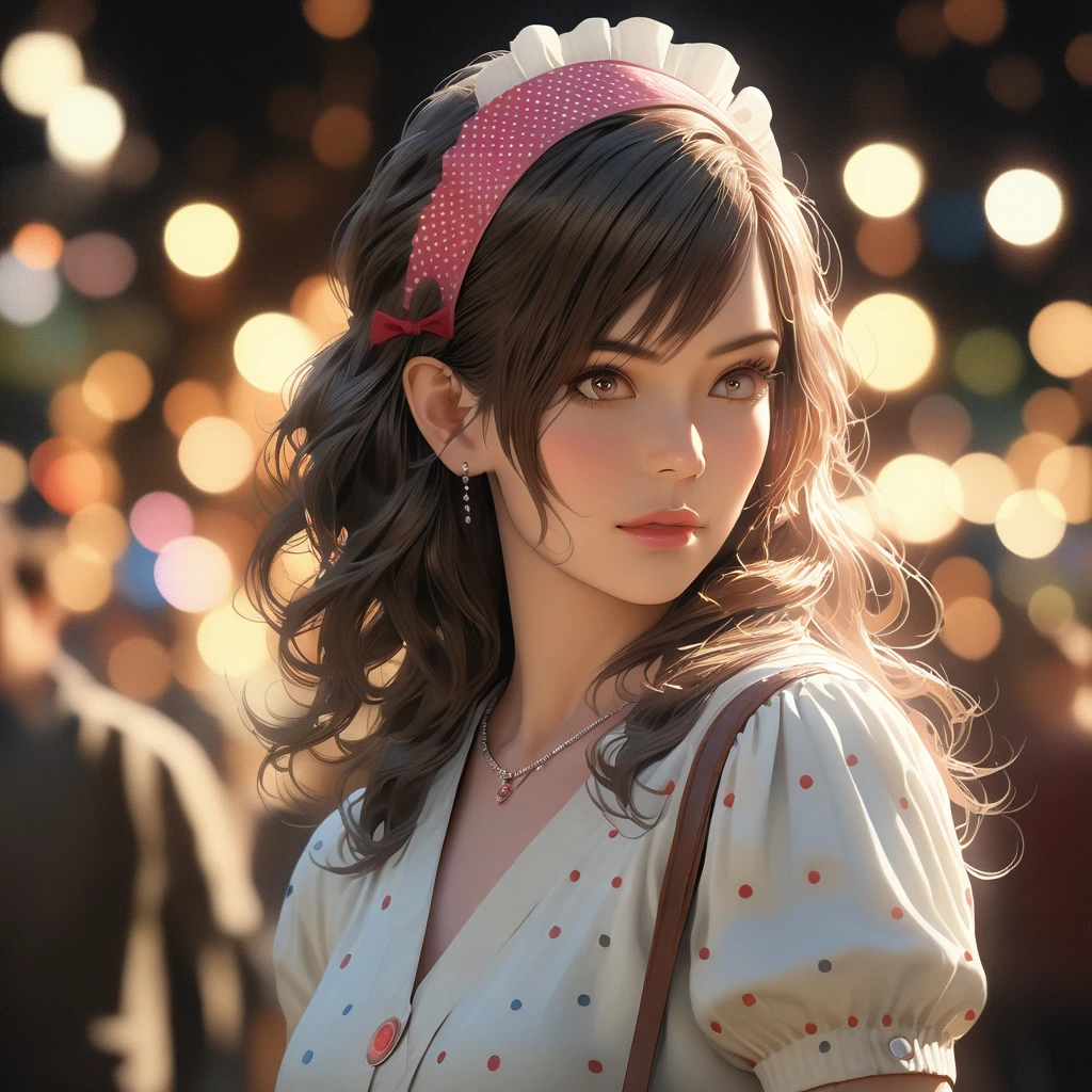(best quality,4k,8k,highres,masterpiece:1.2),ultra-detailed,(realistic,photorealistic,photo-realistic:1.37),HDR,UHD,studio lighting,ultra-fine painting,sharp focus,physically-based rendering,extreme detail description,professional,vivid colors,bokeh, a woman from the 1950s wearing a vintage polka-dot dress, white cardigan, saddle shoes, headband, retro handbag, beautiful detailed eyes,beautiful detailed lips,extremely detailed eyes and face,longeyelashes, 1950s fashion photography style, vintage setting,