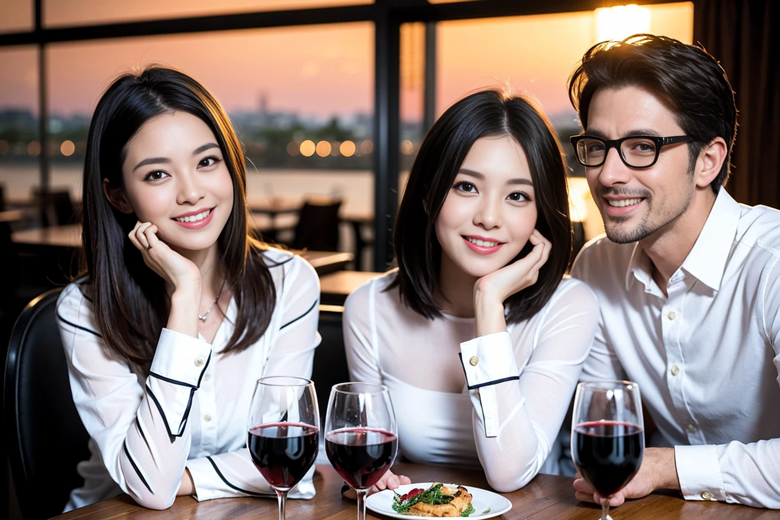 ((Highest quality、、masterpiece:1.3))、1 male 1 female、Berry Short、Slim lover、Beautiful couple、smile、full-course dinner、 (Slim face), (the body is スリム), (Brown Hair), (Shortcuts), ((Bob Hale、Straight hair:1.2)), テーブルの上のwine glass、Shine light on your face、 Amazing view of the sunset sky and clouds、smileの美しさ、Bright image、Blushing, Shortcuts, (43 years old), 39 years old, Appetizers、Italian food、Wine bottle、Champagne、sparkling wine、Long sleeve shirt、dress、Attractive beauty、restaurant, Nova Frog Style, actress, model, Upper Body, White wine, red wine, wine glass,