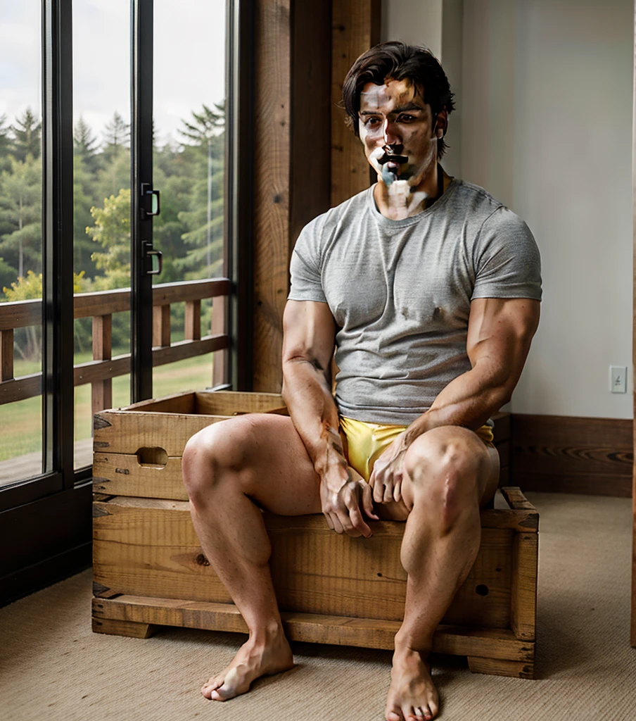 by jijis-waifus,(by pgm300:0.5),best quality,masterpiece,forest,crate,sitting,solo,adult,muscular male,muscle gut,male,dog,canine,short hair,black hair,yellow eyes,gray body,underwear,shirt
