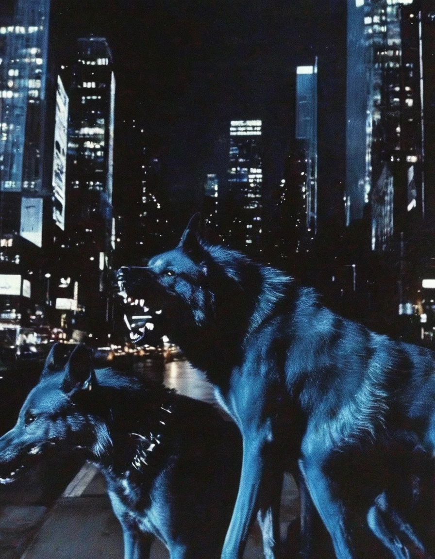 humanoid wolves in new york street at night, night city background