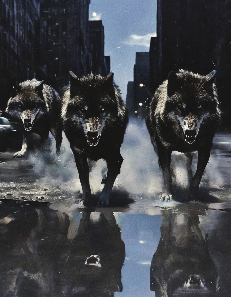humanoid wolves in new york street at night, night city background
