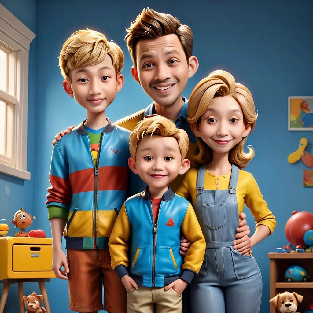 A beautiful 5 year old boy with his beloved mother and father, a realistic full body depiction of the little boy and his mother, bright octane colors that are trending in art stations, a background wall of colors that blend together, the is wearing sandals and a yellow jacket , mother wears blue negligee and father wears white shirt, beautiful 3d rendering, cute pixar, inspired by Du Qiong, blonde boy, andrew dickson, realistic, 3D, cartoon style, well shaded, smooth, Pixar, Lexica Aperture v.3,5 .