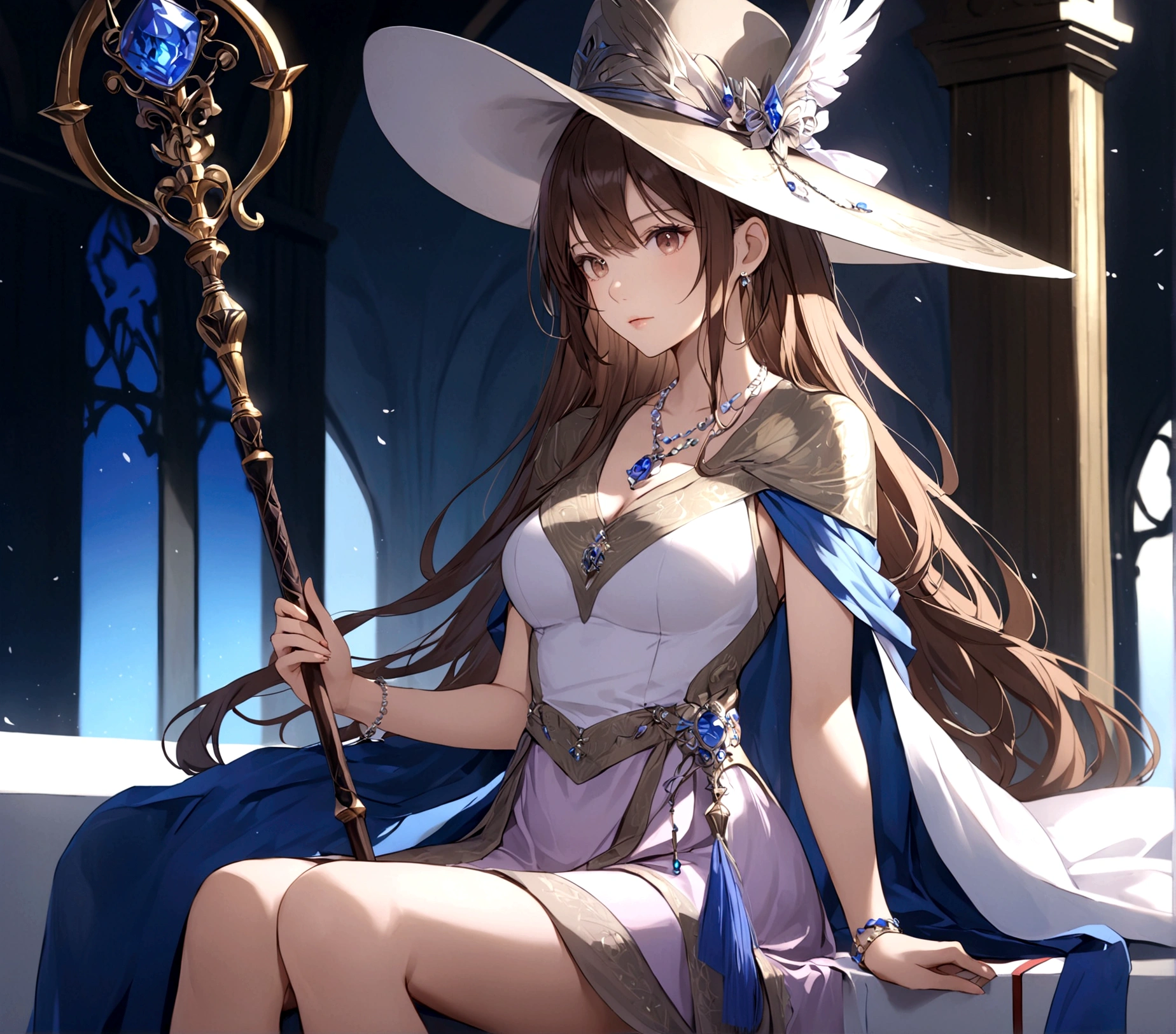 1girl, solo, long hair, breasts, brown hair, hat, dress, holding, jewelry, medium breasts, sitting, necklace, polearm, staff, holding staff