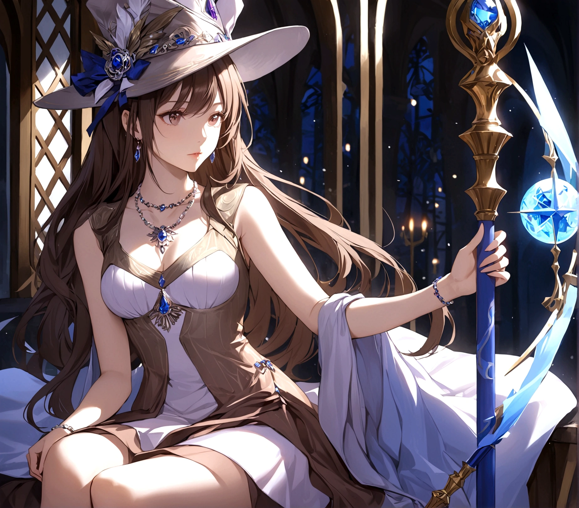 1girl, solo, long hair, breasts, brown hair, hat, dress, holding, jewelry, medium breasts, sitting, necklace, polearm, staff, holding staff