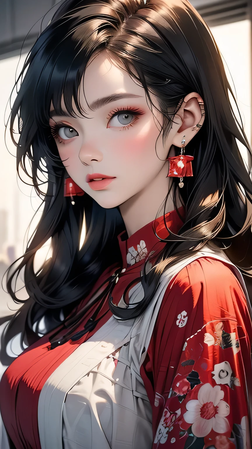 bloom, Lens Reflection, (8K, born, Professional, Highest quality, masterpiece: 1.2), (Realistic, photoRealistic: 1.37), Super detailed, (Wide-angle 25mm portrait), (Most detailed skin: 1.2), Highly detailed face, Cinema Lighting, One girl, Black curly hair, (the wind is strong), Standing on the couch, Dark Light, Looking into the camera, Large Breasts, black and red blouse  