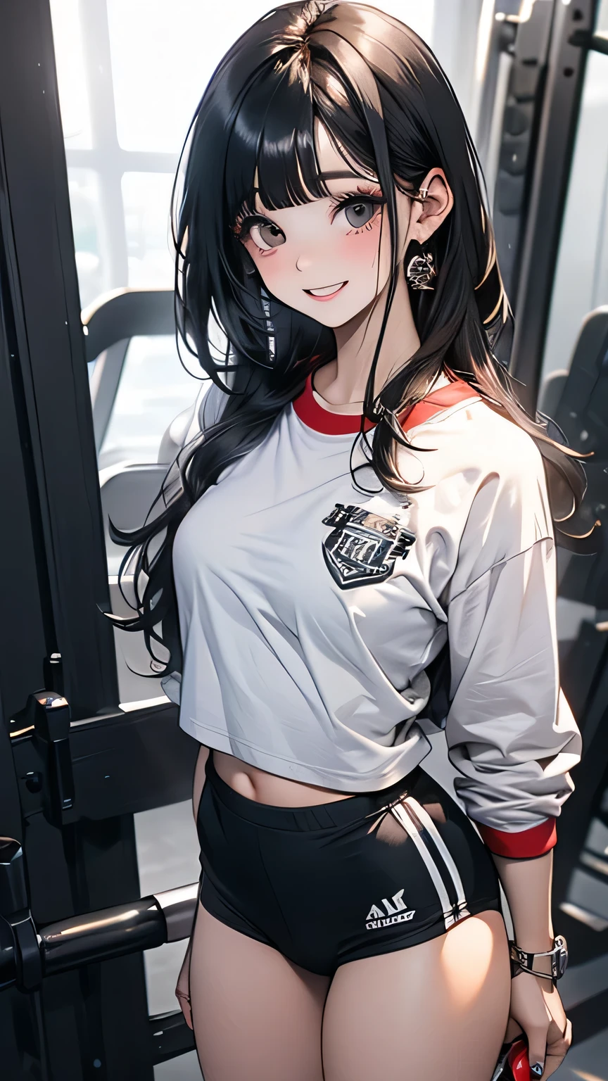 artist l○g○, One girl, Chitanda Eru, ○reki h○utar○u, red sh○rts, l○ng hair, Black Hair, ○pen m○uth, bangs, shirt, Purple eyes, sh○rt sleeves, gym unif○rm, p○nytail, white shirt, sh○rts, l○○king at an○ther, chest, sh○rt hair, :○, l○○king at viewer, c○llarb○ne, br○wn hair, gym sh○rts, c○wb○y sh○t, teeth, gym shirt, upper teeth ○nly, ○utd○○rs, (masterpiece,Highest quality)