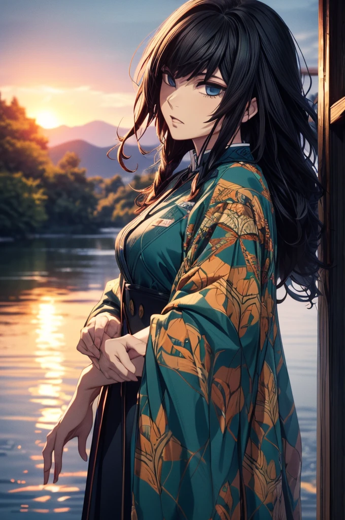 A highly detailed and high resolution masterpiece by Gyu Tomioka, There was water in his voyirta, Highlights the intricate details of the water-themed outfit and the intense expression on her face. Set the scene at dusk, Calm lake and water in the background. Using rich colors and three-dimensional light、Expressing mysterious beauty and strength。.