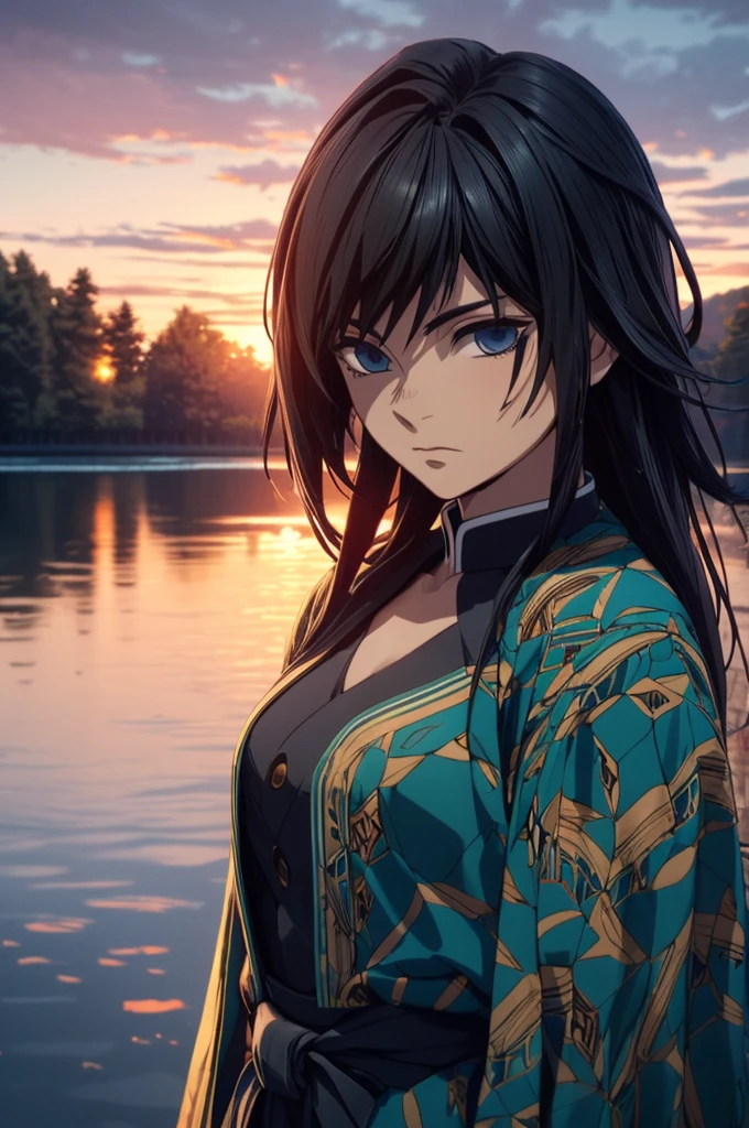 A highly detailed and high resolution masterpiece by Gyu Tomioka, There was water in his voyirta, Highlights the intricate details of the water-themed outfit and the intense expression on her face. Set the scene at dusk, Calm lake and water in the background. Using rich colors and three-dimensional light、Expressing mysterious beauty and strength。.