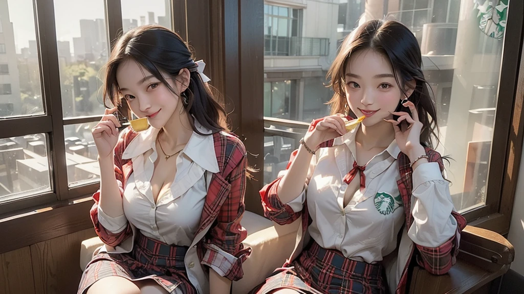 8K、RAW Photos、Highest quality、Super detailed、Super Resolution、Ultra HD、8K壁紙、Amazing details blazer uniform girl ((White blouse with formal collar, A nice red blazer, Black plaid skirt, Red checkered ribbon on blouse)), Complete limbs, Full Finger, 
((((Inside the Starbucks store))))、16 year old female student、(((Eat cake、Drink coffee、smile)))、Heart Necklace、Gold bracelet
((Emphasize cleavage))
((((Woman sitting at the window seat))))
